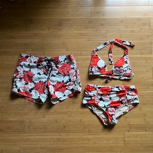 J Crew floral bathing suit and board shorts